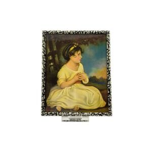Lithograph Print Girl in Pale Yellow Dress Sitting Small Vintage Metal Frame